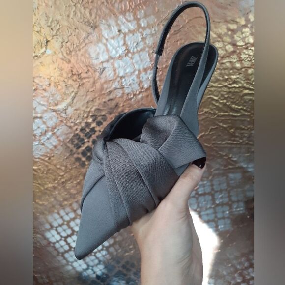 Zara Nwot Gray Satin Slingback Kitten Heels - Picture 2 of 15